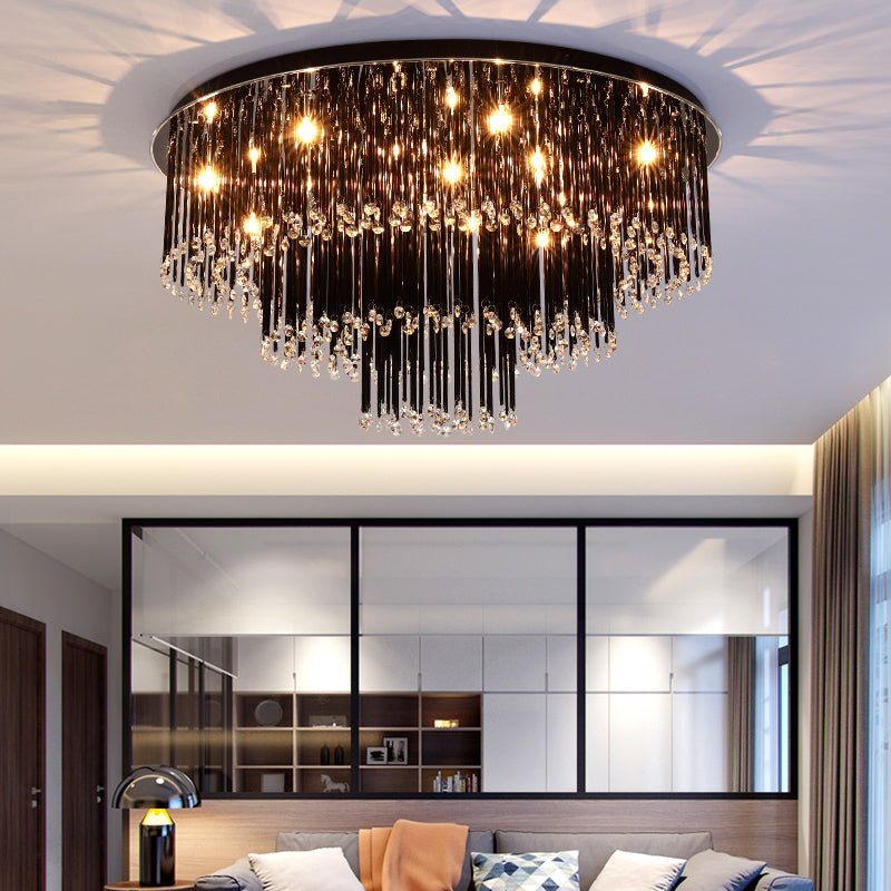 Modern Black Crystal Flush Mount Chandelier, Tiered Design, 8/10 Bulbs, for Bedroom