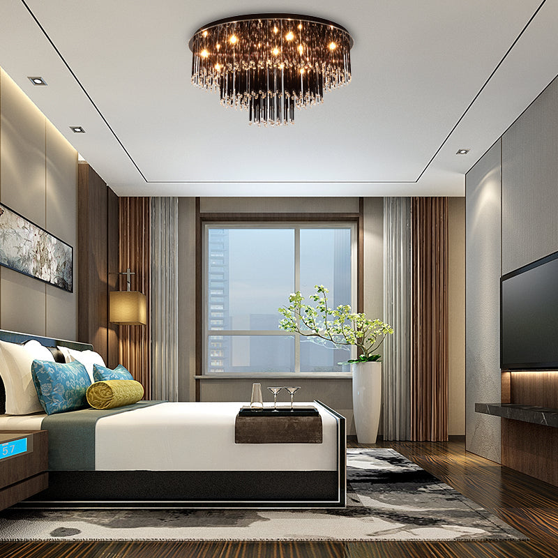 Modern Black Crystal Flush Mount Chandelier, Tiered Design, 8/10 Bulbs, for Bedroom