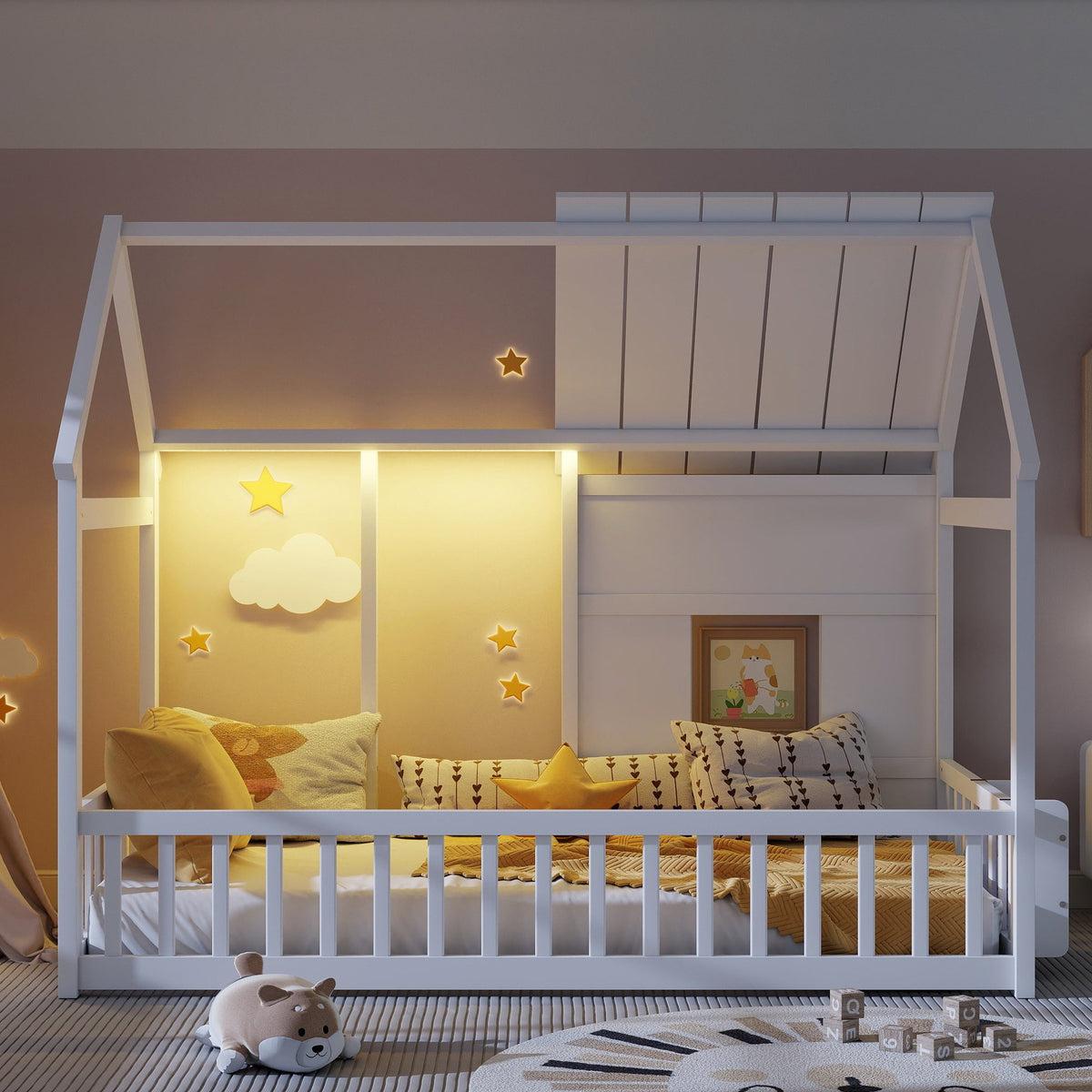 Twin Size House Floor Bed With 7 Colors LED Light