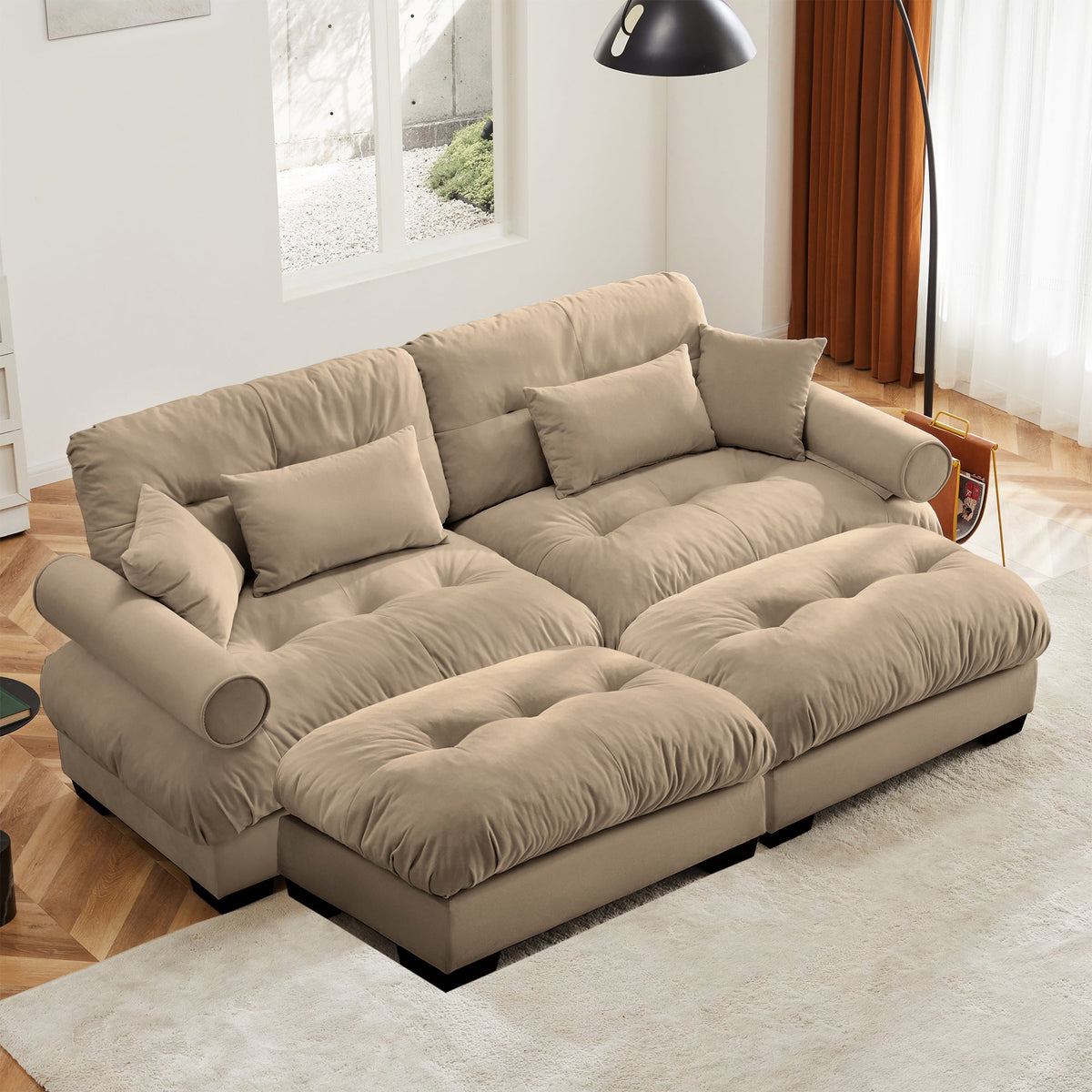 Modern Two-Seater Sofa with Ottoman, Velvet 2-Seater