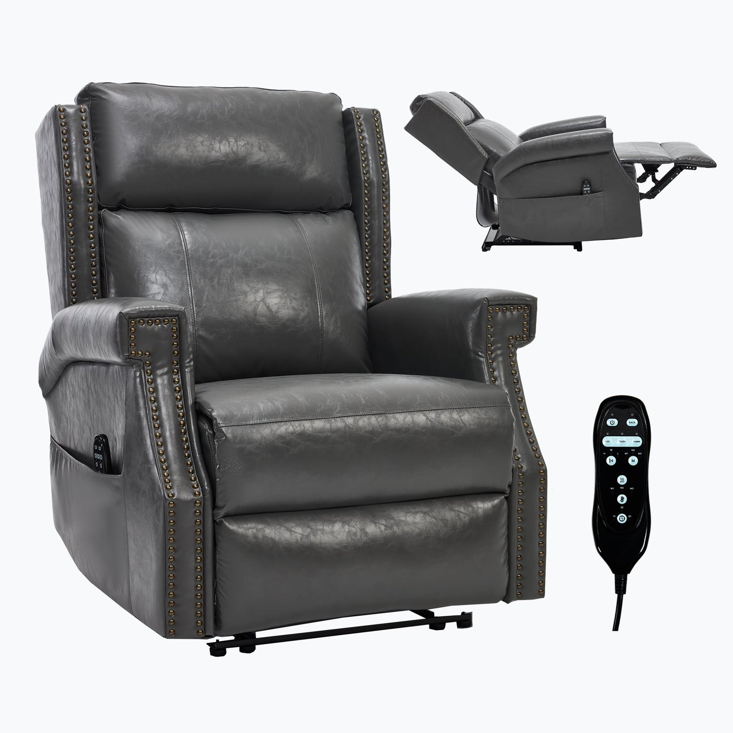 Grey Manual Recliner Chair in Faux Leather for Living Room with Heavy Duty Motion Mechanism, 8 vibrating nodes and 3 massage modes.