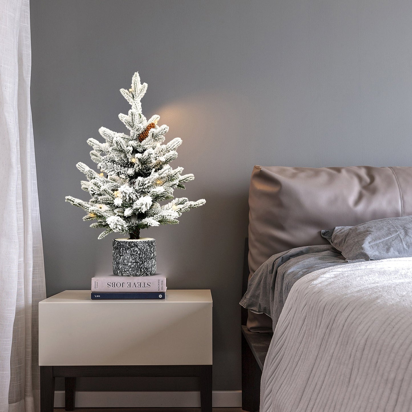 4.5FT Flocked Christmas Tree with Pot Base and LED Lights