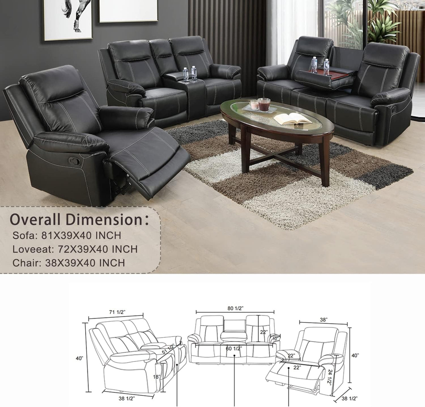 Manual Recliner Sofa Set Black Bonded Leather Cup Holders