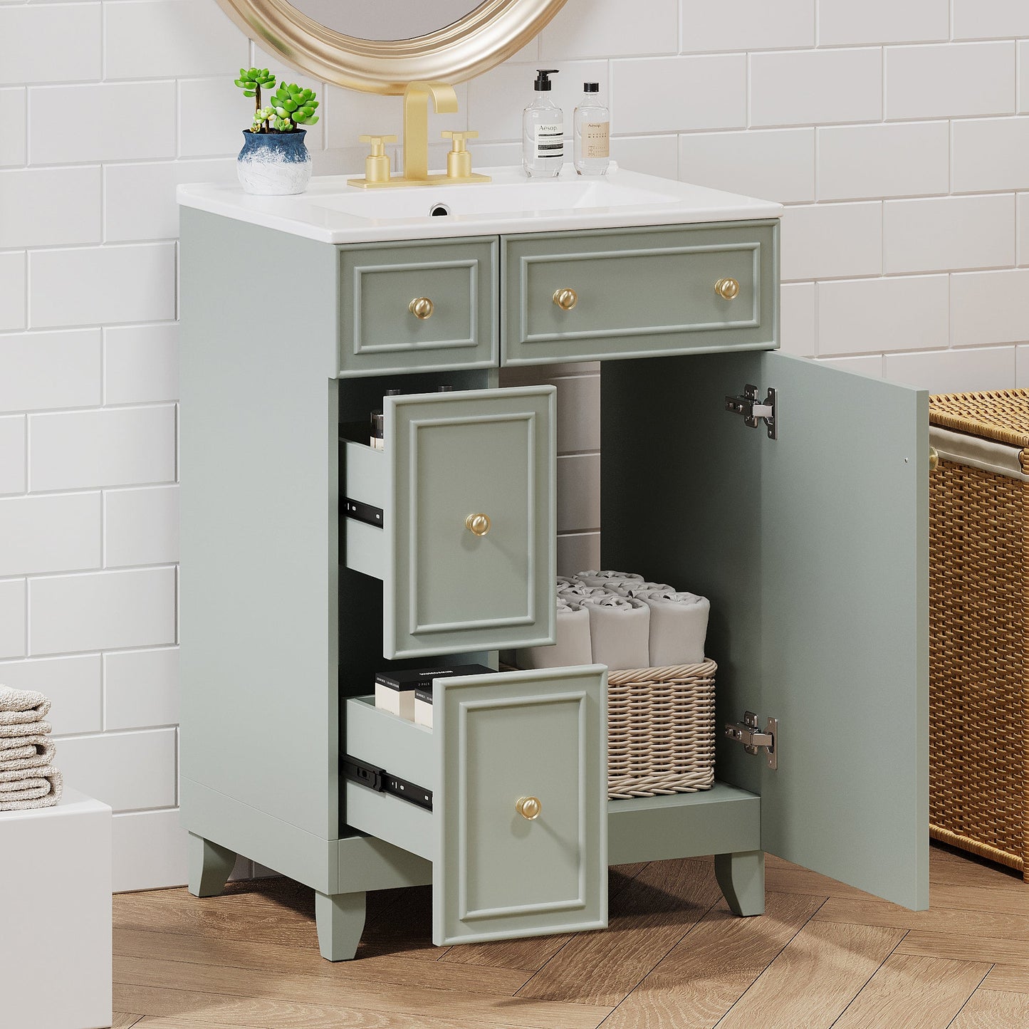 24-Inch Bathroom Vanity Cabinet with Ceramic Sink, 2 Drawers, 1 Door