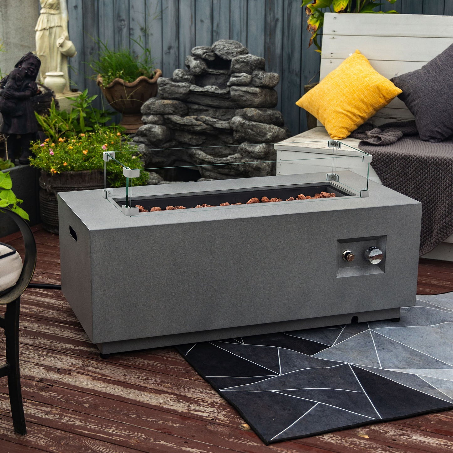 42" Propane Gas Fire Pit Table, 50000 Btu Rectangular Steel Fire Pit With Glass Wind Guard For Outside Patio Deck Garden Courtyard - Gray