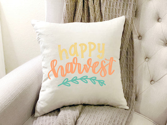 Happy Harvest Pillow Cover 18x18 inch featuring cozy fall design on natural linen fabric.