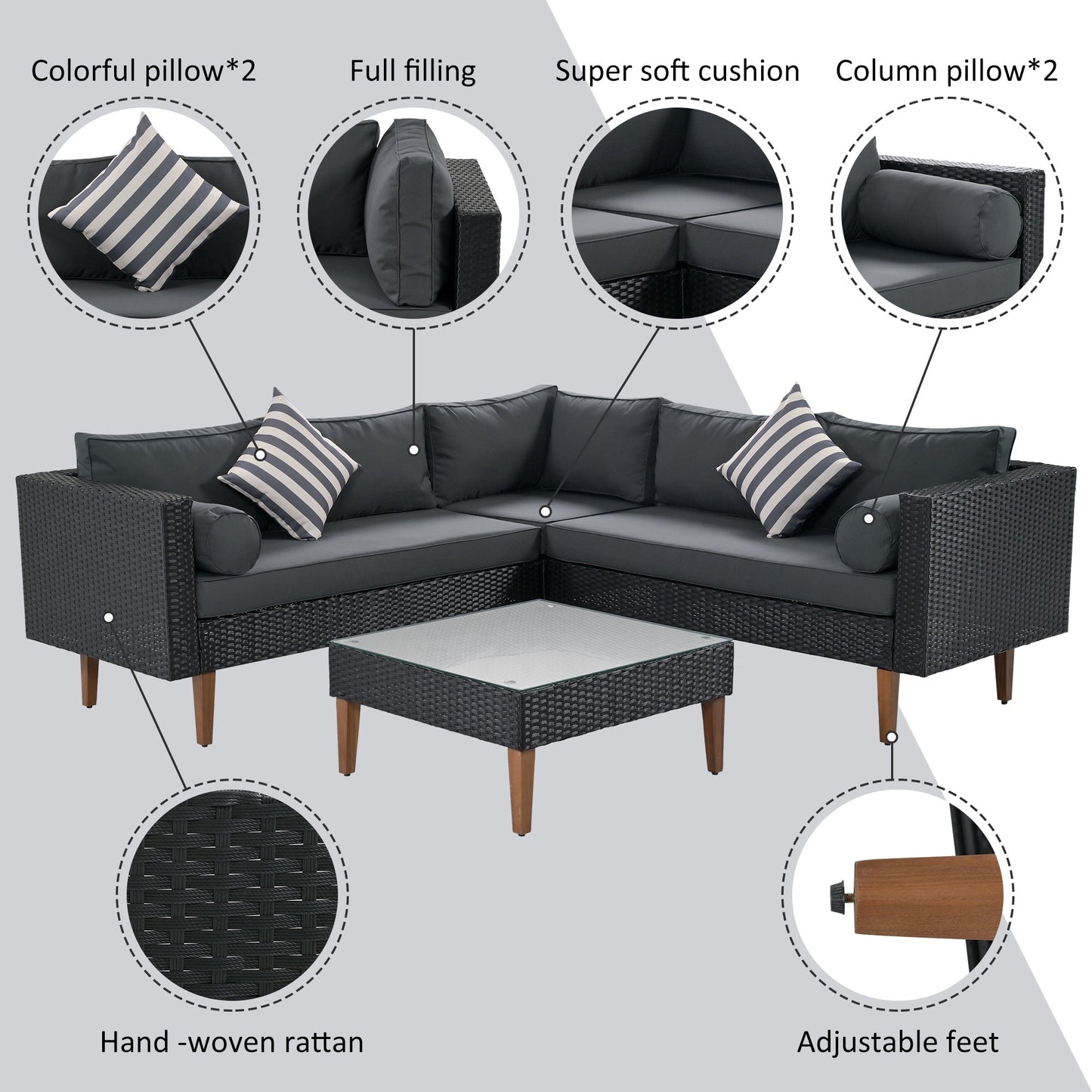 4-Pieces Outdoor Wicker Sofa Set with Colorful Pillows