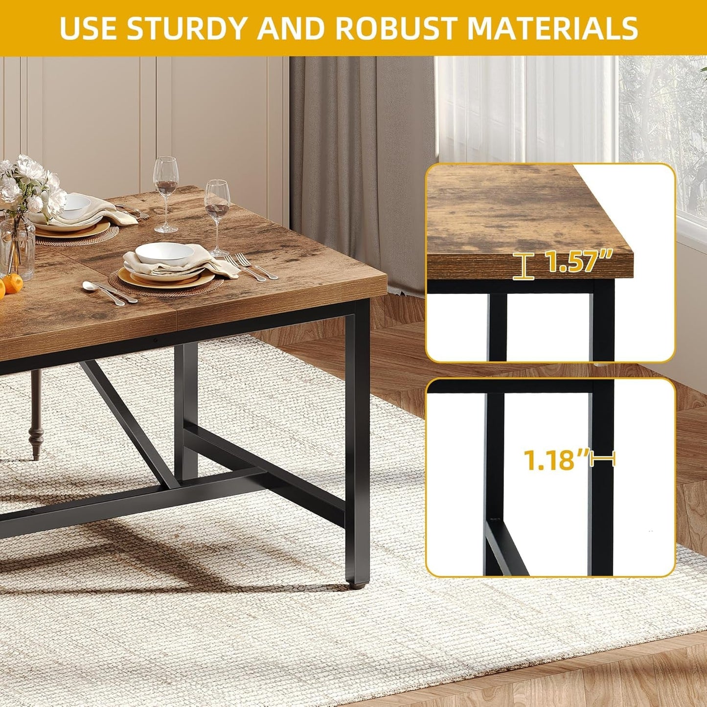 70.8 Inch Solid Wood Dining Table For 6 To 8 People