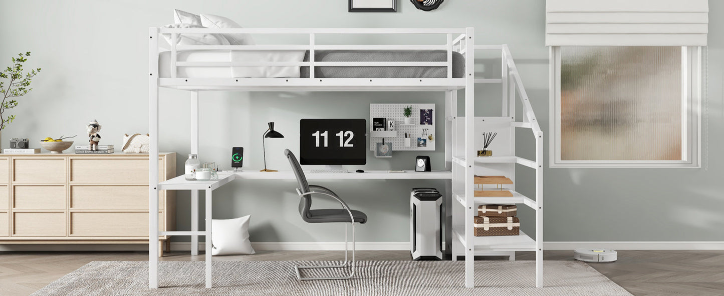 Queen Size Loft Bed with L-shaped Desk and USB, Metal Loft Bed with Wardrobe and Adjustable Shelf, High Loft Bed with LED for Kids Teens Adults, White