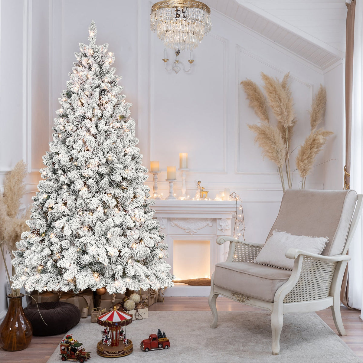 4FT Flocked Christmas Tree with 150 UL Lights and 21 Pine Cones