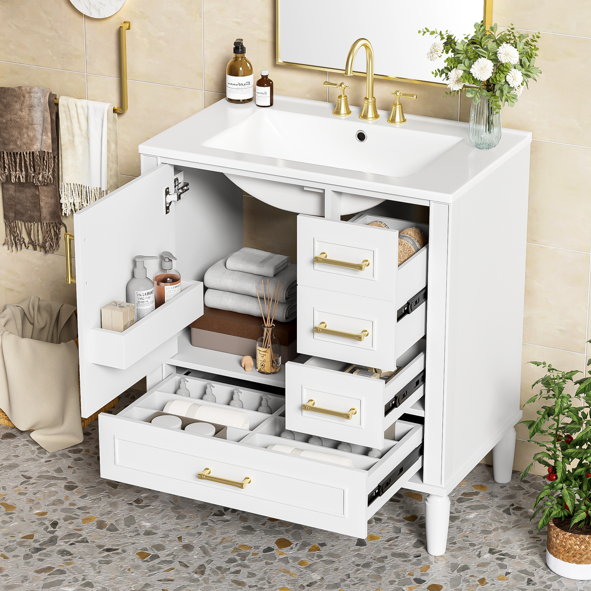 30" Bathroom Vanity with Ceramic Sink, Soft-Close Door and Ample Storage