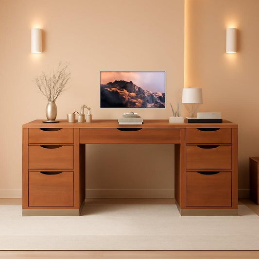 54 Inch Walnut Finish Executive Desk With Seven Drawers