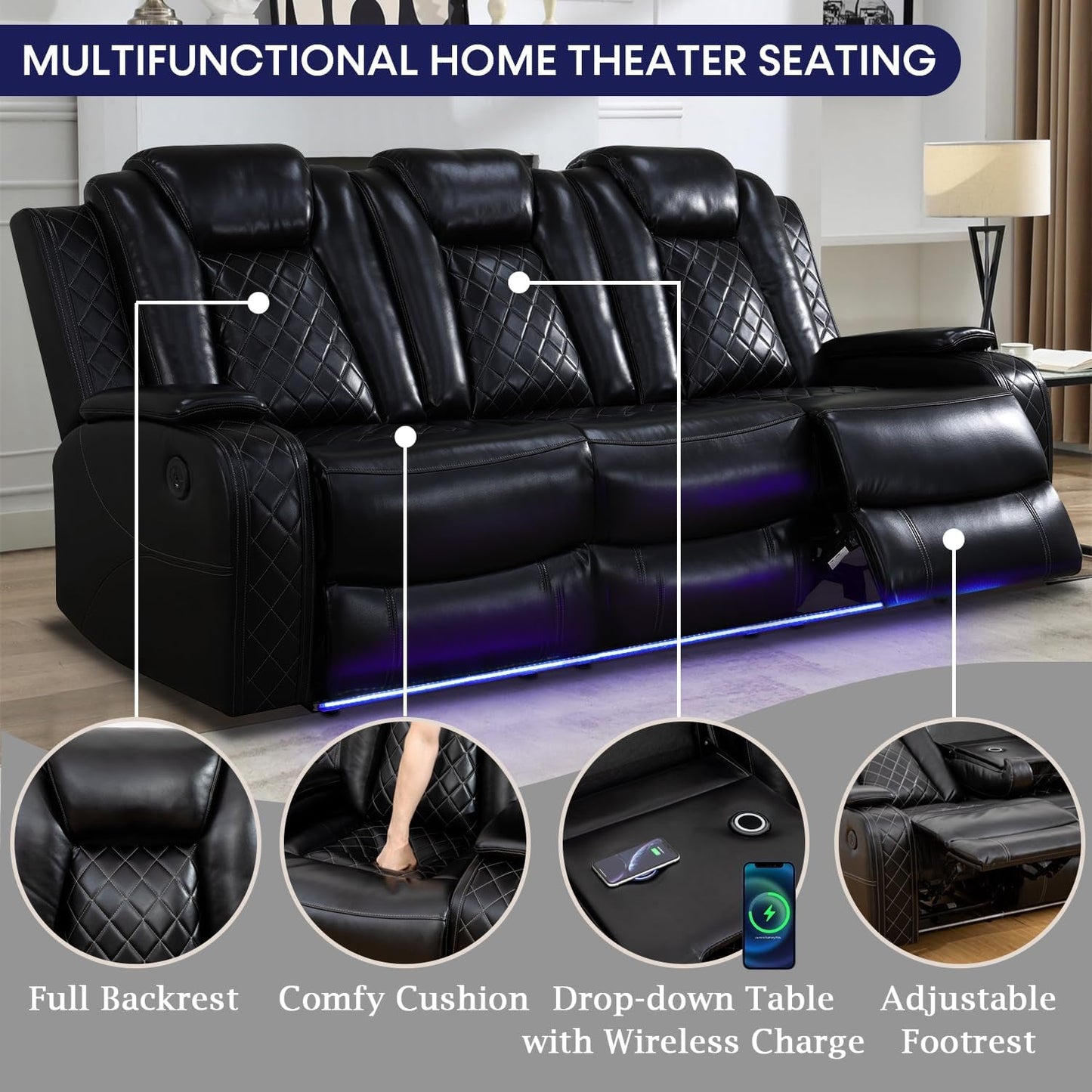 Black Leather Power Recliner Sofa Set With USB Ports