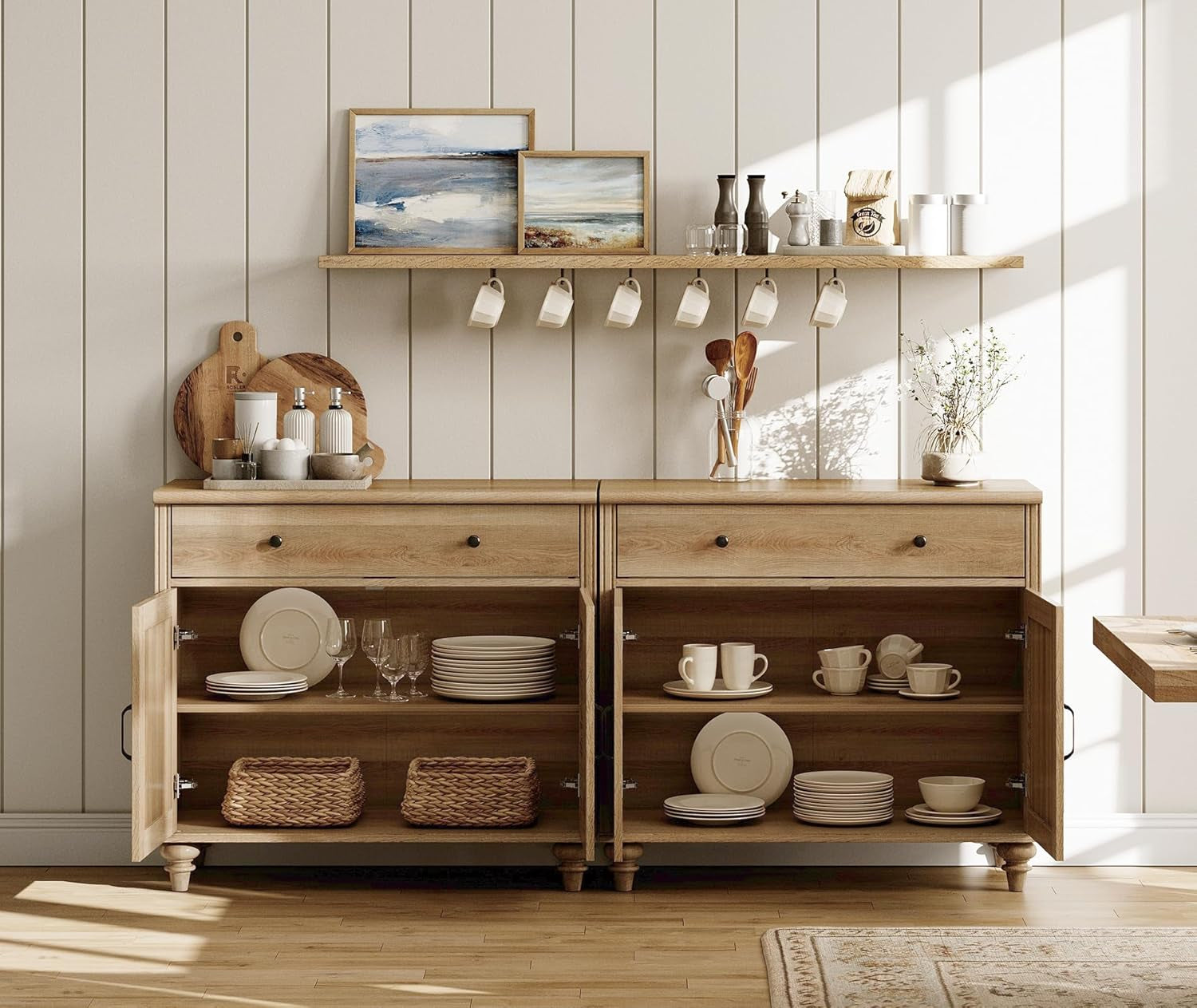Oak Buffet Cabinet 68 Inch With 4 Doors And 2 Drawers displayed with plates and mugs on a wooden shelf.