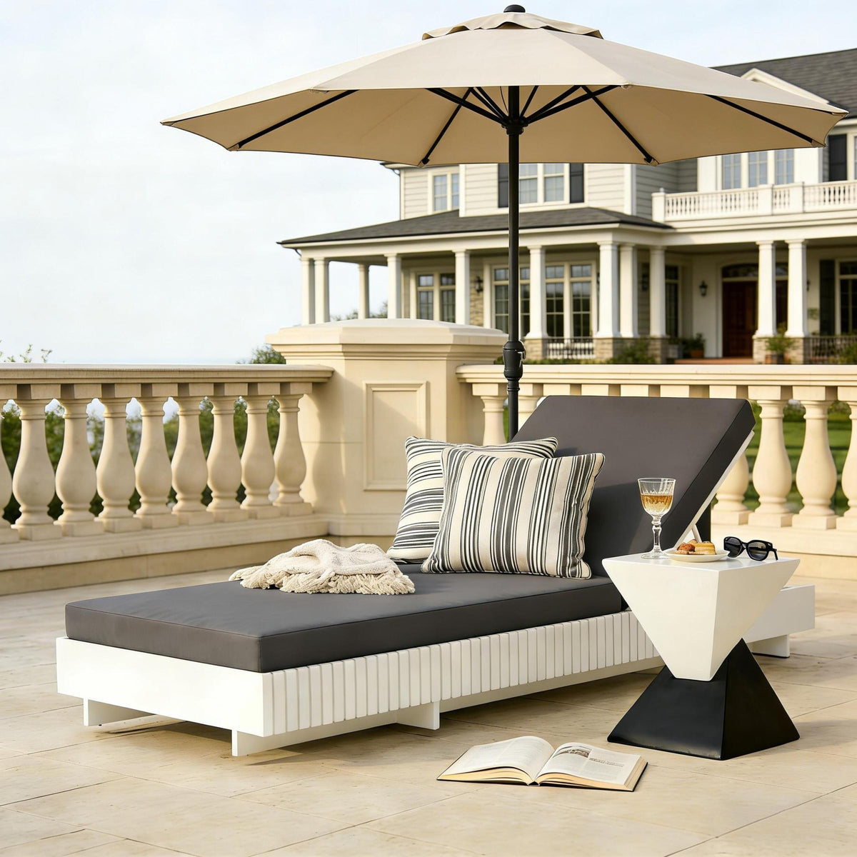 White Acacia Solid Wood Outdoor Chaise Lounge with Dark Cushion