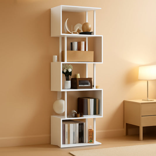 White Geometric S Shaped 6 Tier Bookshelf Freestanding Modern Bookcase