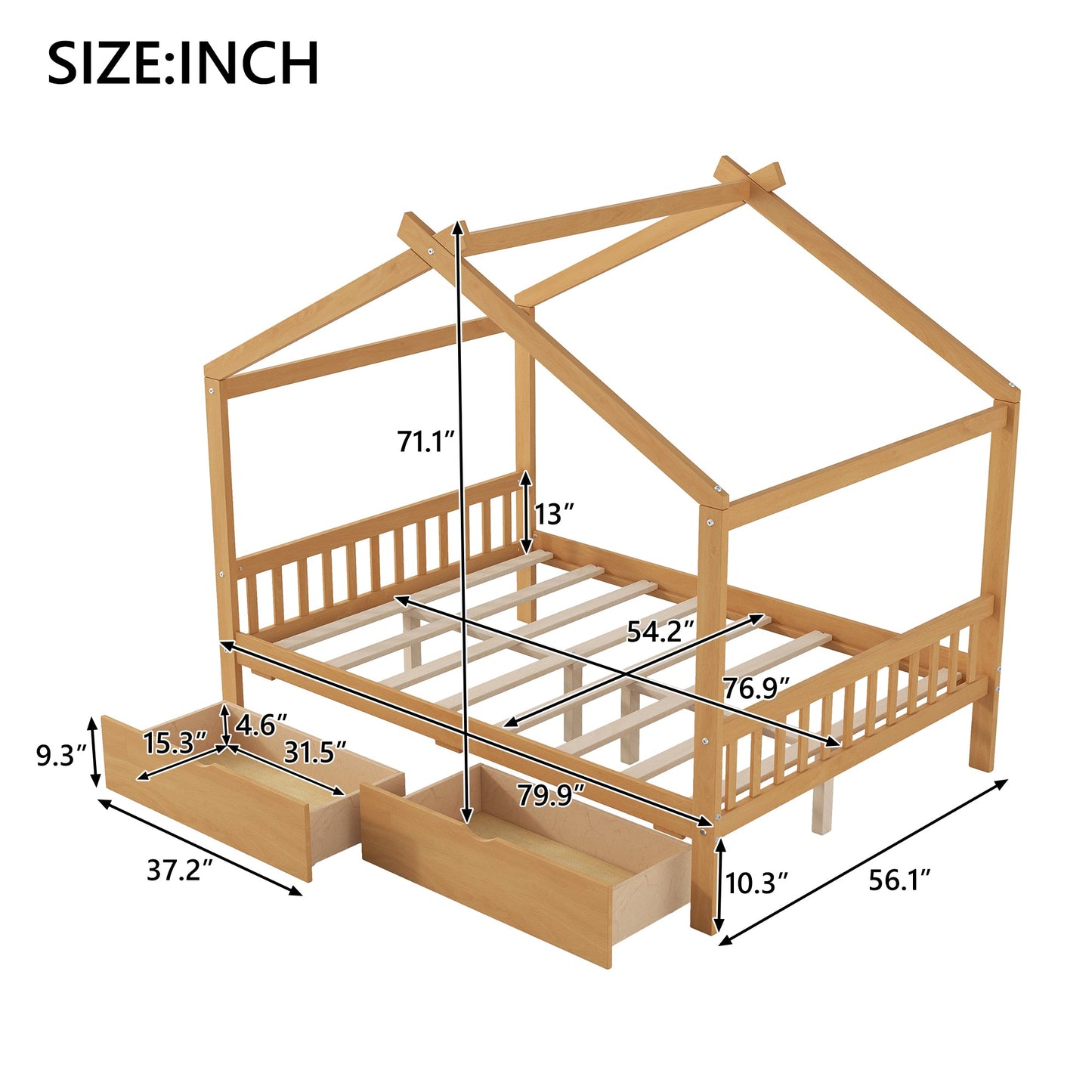 Full Size House Platform Bed with Two Drawers, Headboard and Footboard, Roof Design