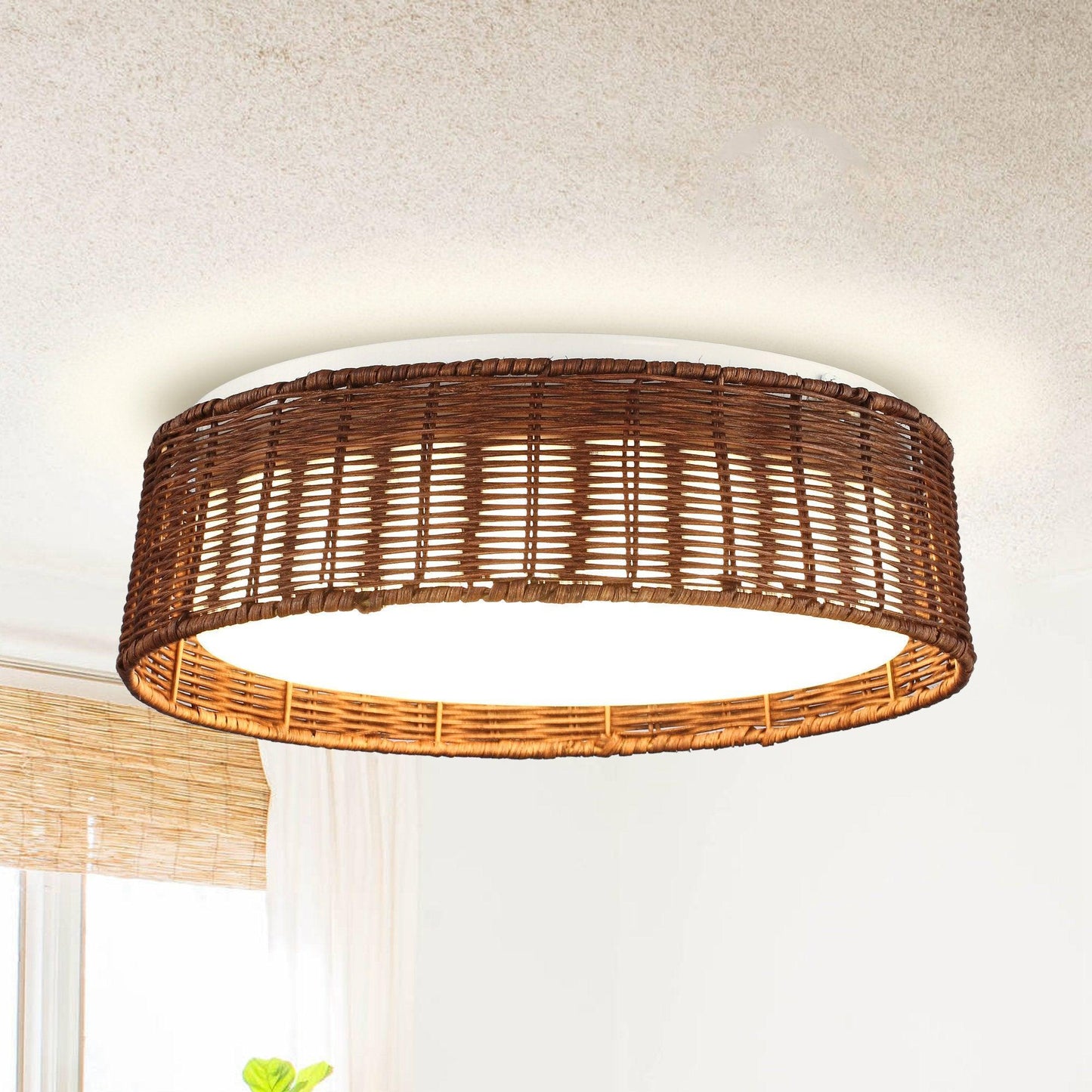17" Traditional Brown Rattan Flush Mount Lighting with LED