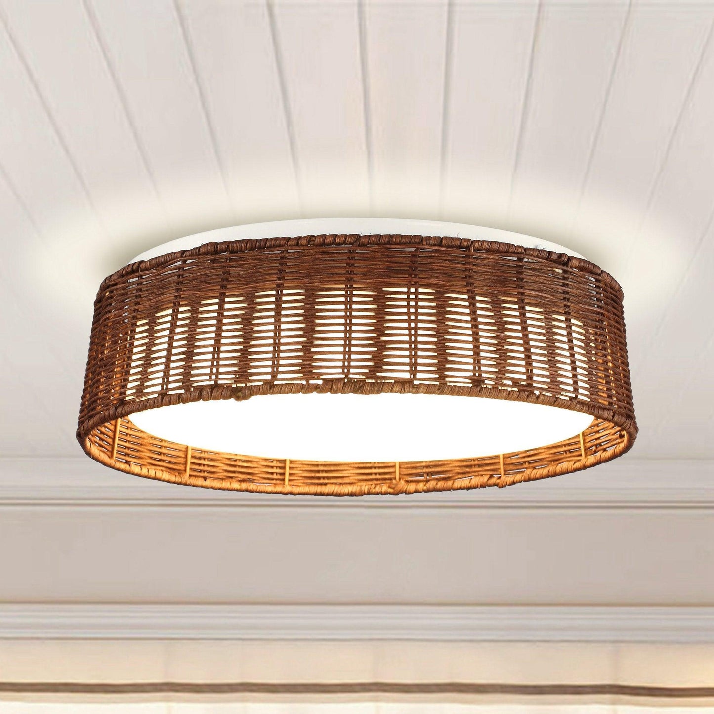 17" Traditional Brown Rattan Flush Mount Lighting with LED