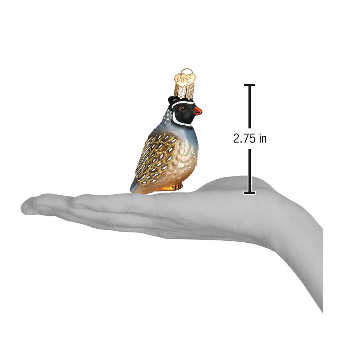 Decorative partridge ornament on a hand with a measurement indicator showing 2.75 inches.
