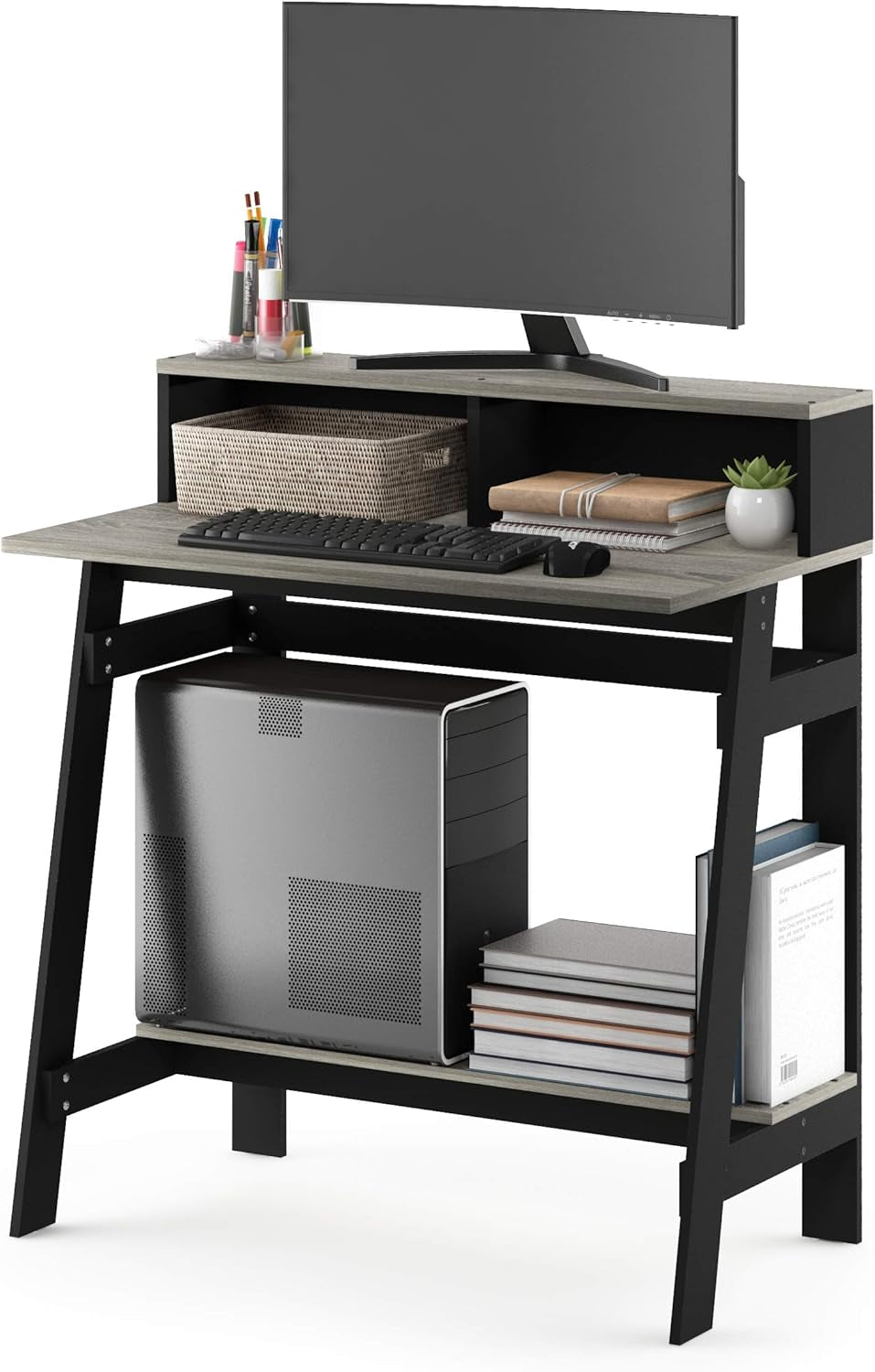 A Frame Computer Desk With Hutch In Black And Oak Grey