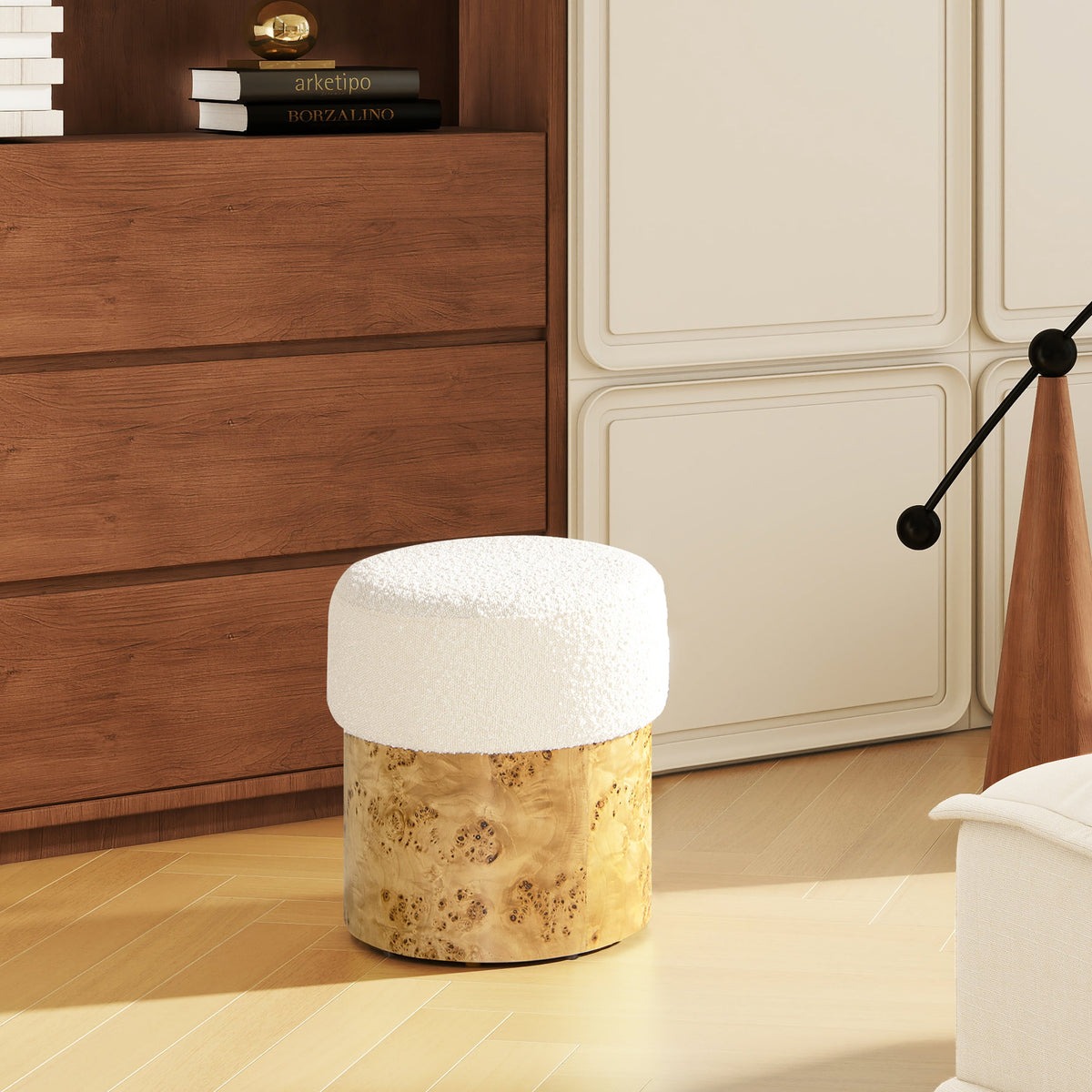 Nebula Round Burl Wood Upholstered Ottoman