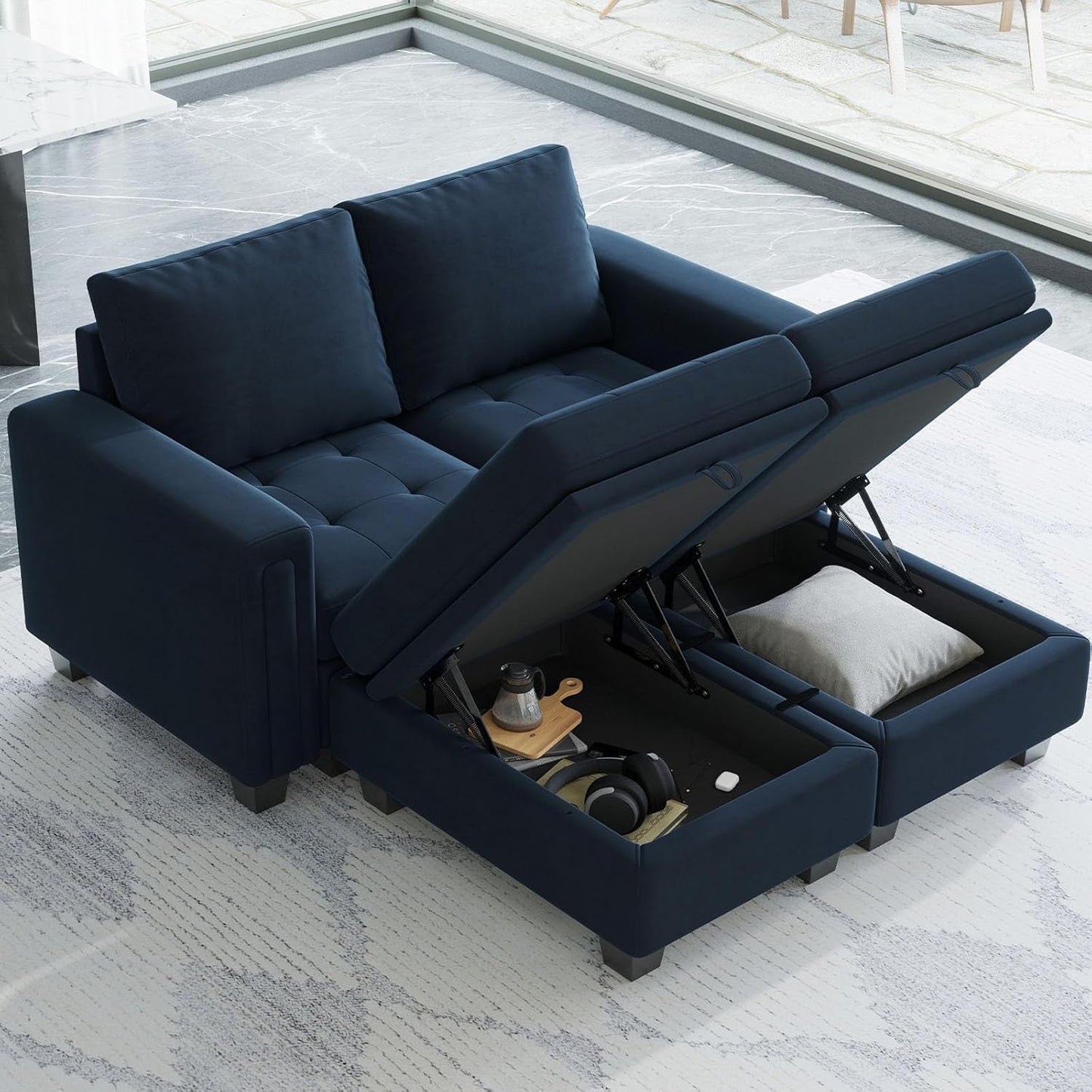 Velvet Modular Sectional Sofa With Storage Sleeper Blue