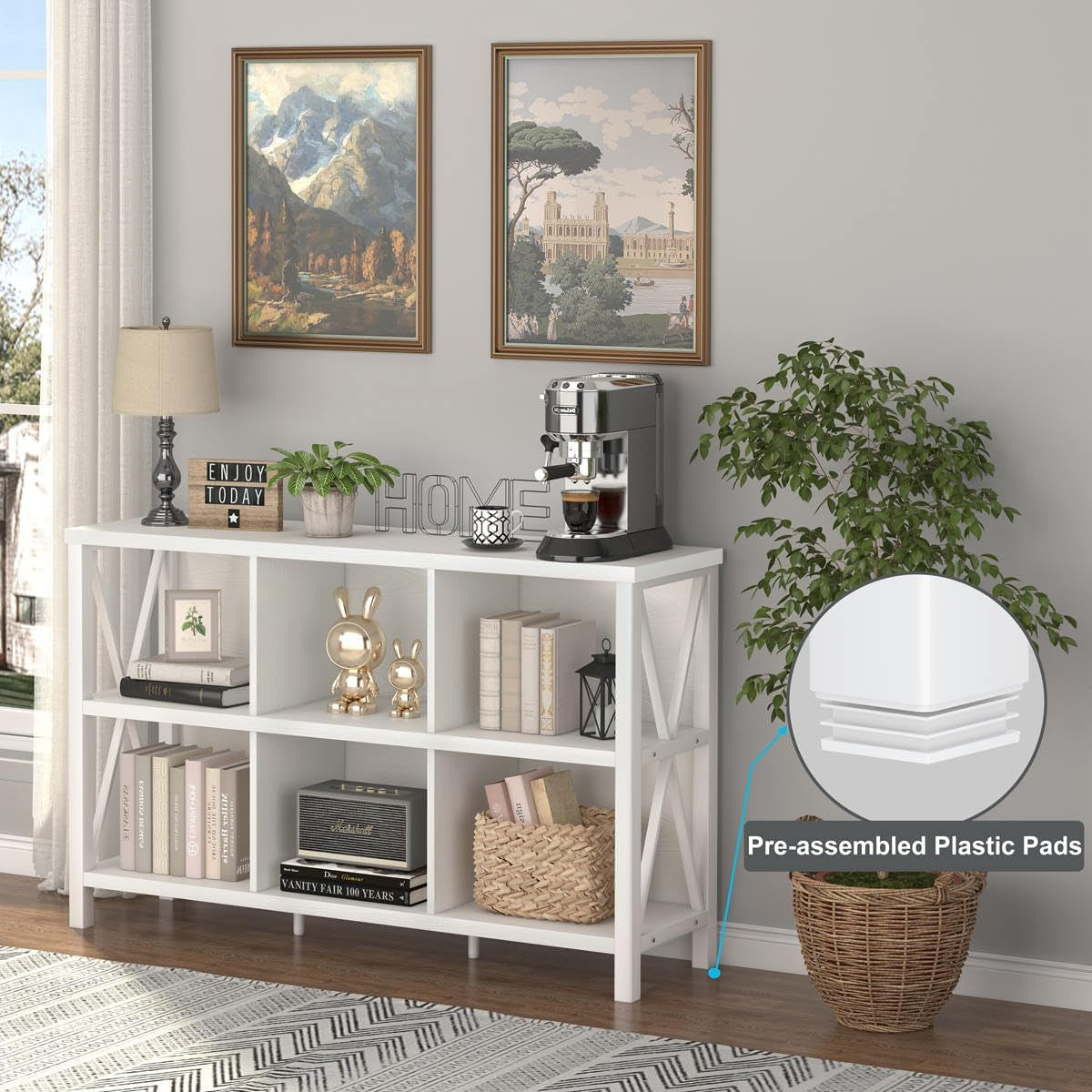 Six Cube Storage Organizer White Oak 47 Inch Bookshelf