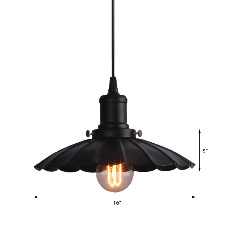 Vintage Industrial Hanging Lamp, Black Scalloped Metal, Indoor Ceiling Light Fixture, 1-Bulb, 10"/12" Diameter