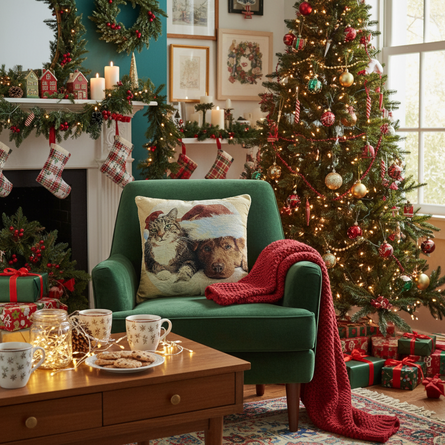 Tache Best Friend Pets Dog and Cat Christmas Tapestry Woven Throw Pillow Cover (16461)