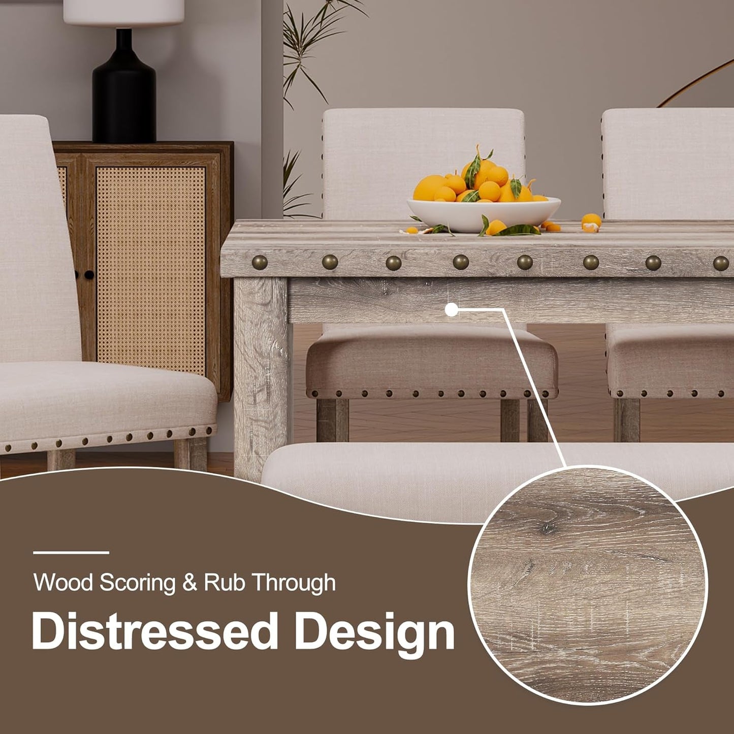 Rustic Dining Table Set Six NailheadAccents Chairs