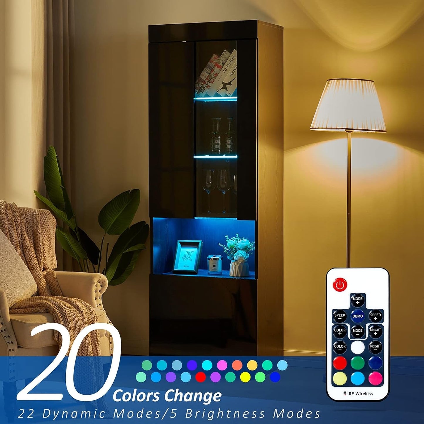 Two Piece 71 Inch Tall Bookcase Storage Cabinet With Glass Doors Set Of Two For Living Room And Office