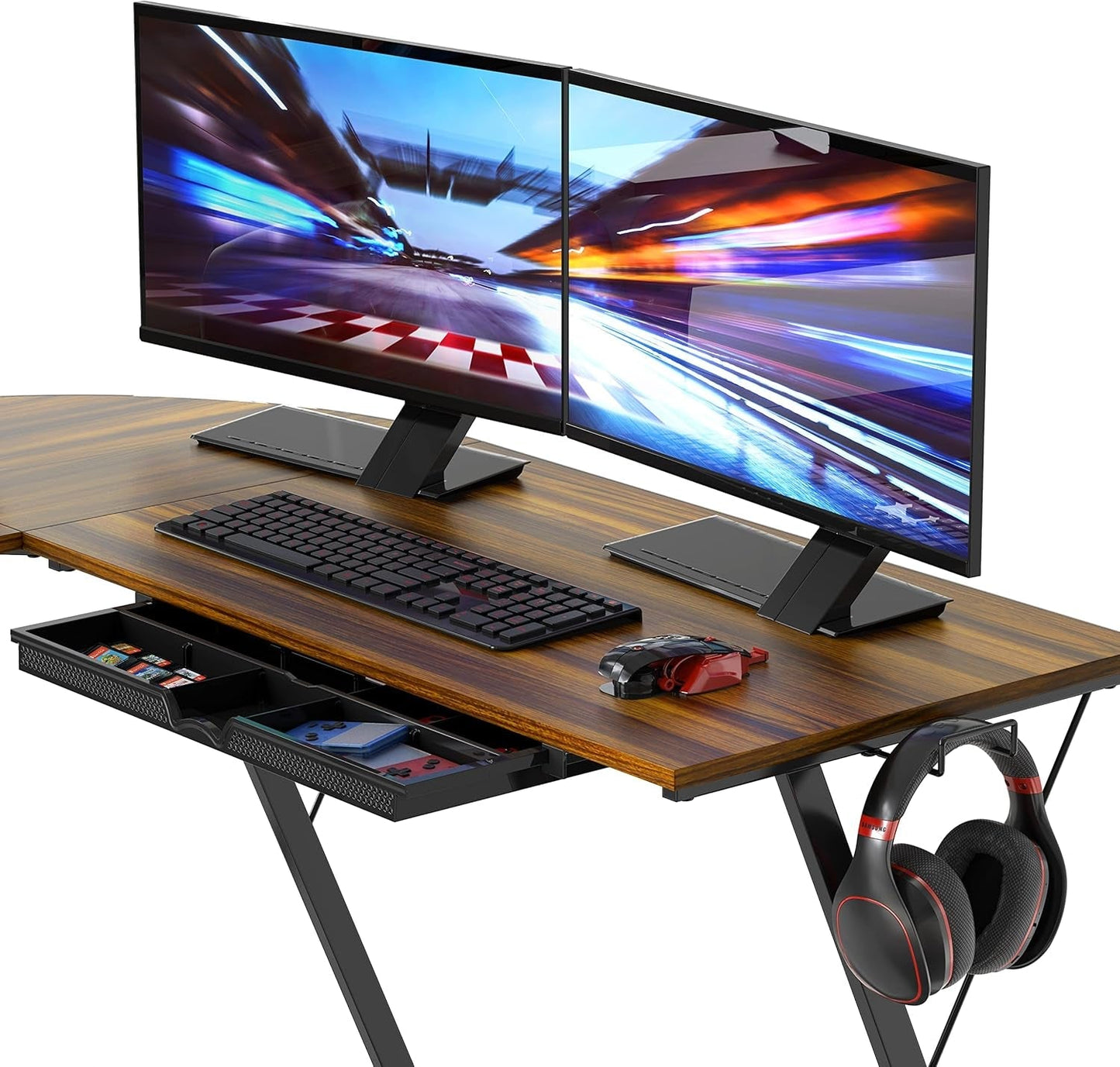 Vista L Shape Desk With Monitor Stand Walnut Finish