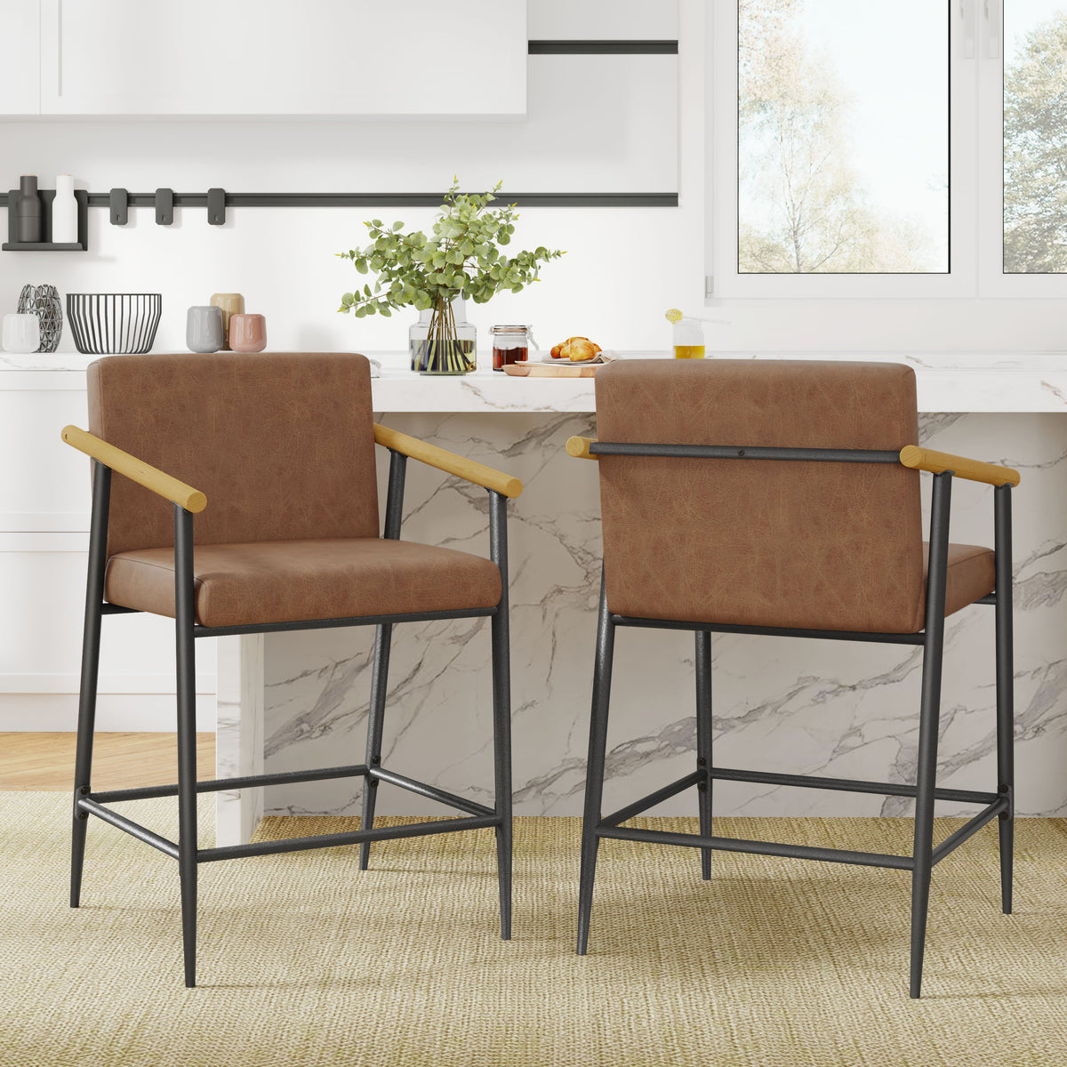 Counter Stool with Iron Frame - Set of 2 - Black and Reddish