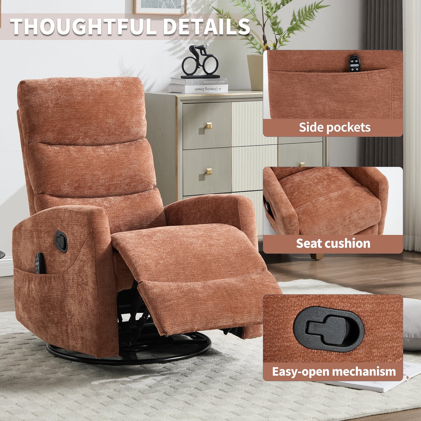 Heat Massage Manual Recliner Chair with Rocker and Swivel in Fabric for Living Room, Orange
