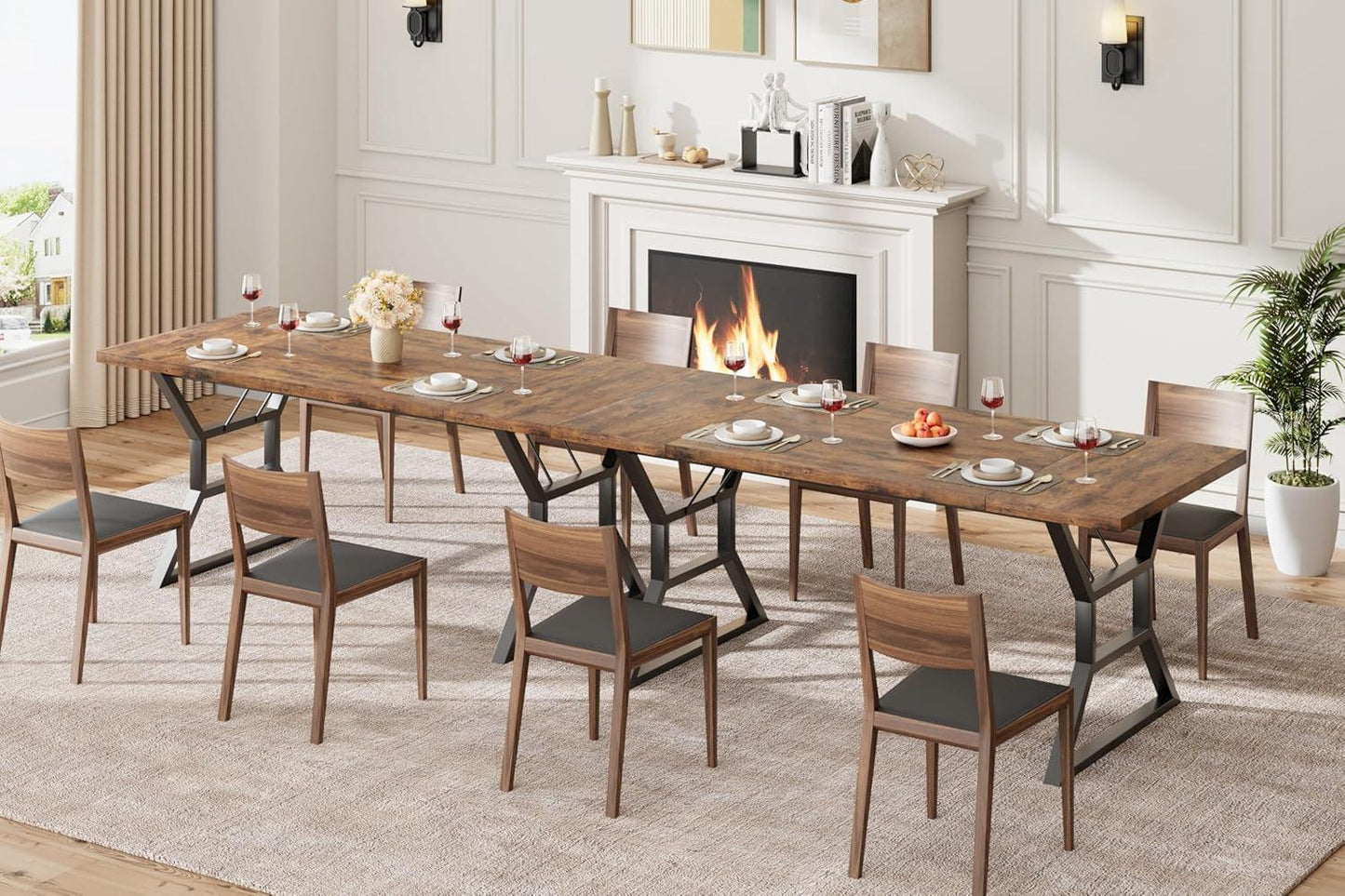 70.9 Inch Farmhouse Dining Table With X Shaped Metal Legs