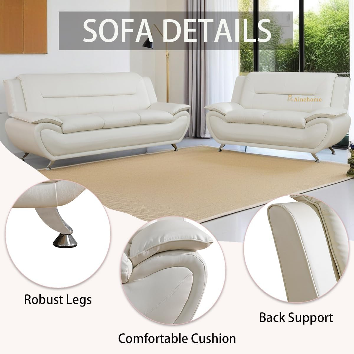 Creamy White 5 Seat Faux Leather Sectional Sofa Set