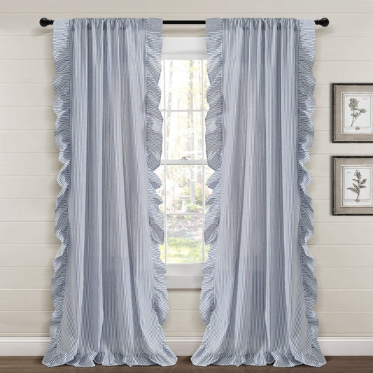 Farmhouse Stripe Reyna Ruffle Window Curtain Panel Set