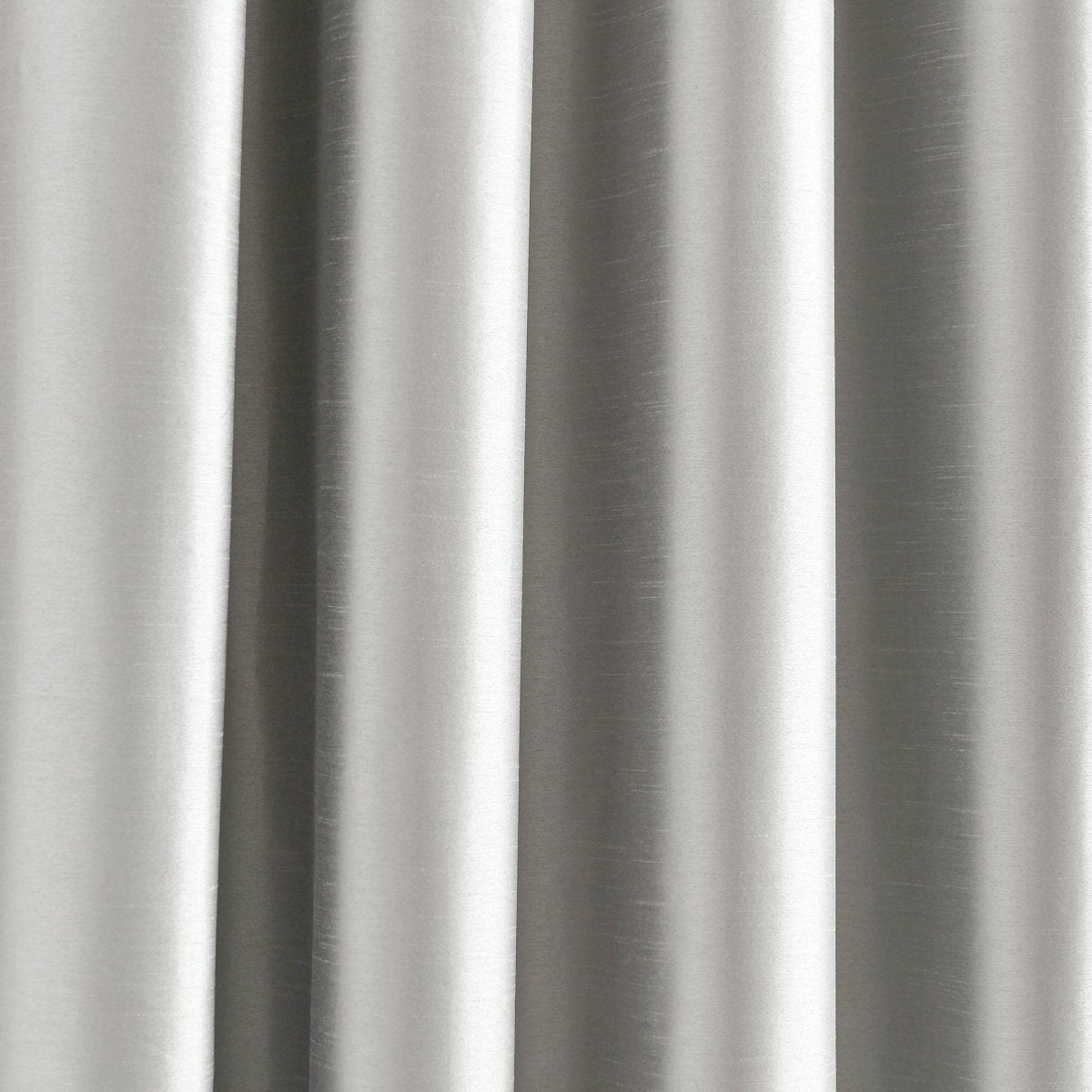 Faux Silk 100% Blackout Window Curtain fabric in smooth silver texture, ideal for luxury home decor and privacy.