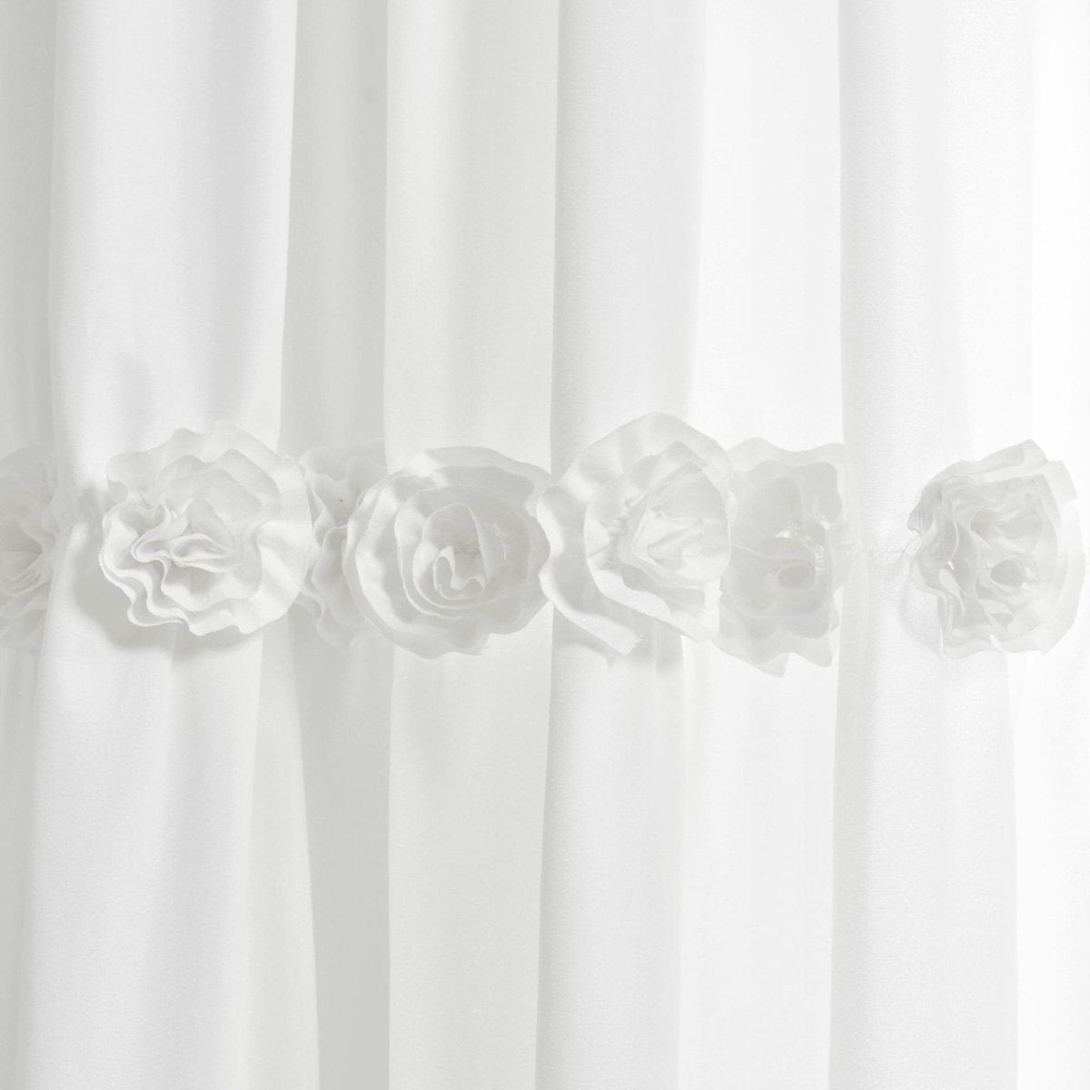 Darla Window Curtain with handcrafted flower embellishments, perfect for a shabby chic decor style.