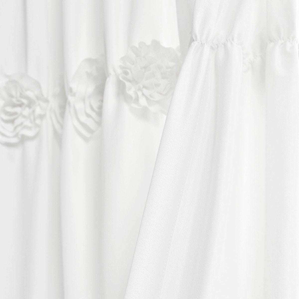 Darla Window Curtain featuring handcrafted flower embellishments in white fabric, creating a romantic and shabby chic look.
