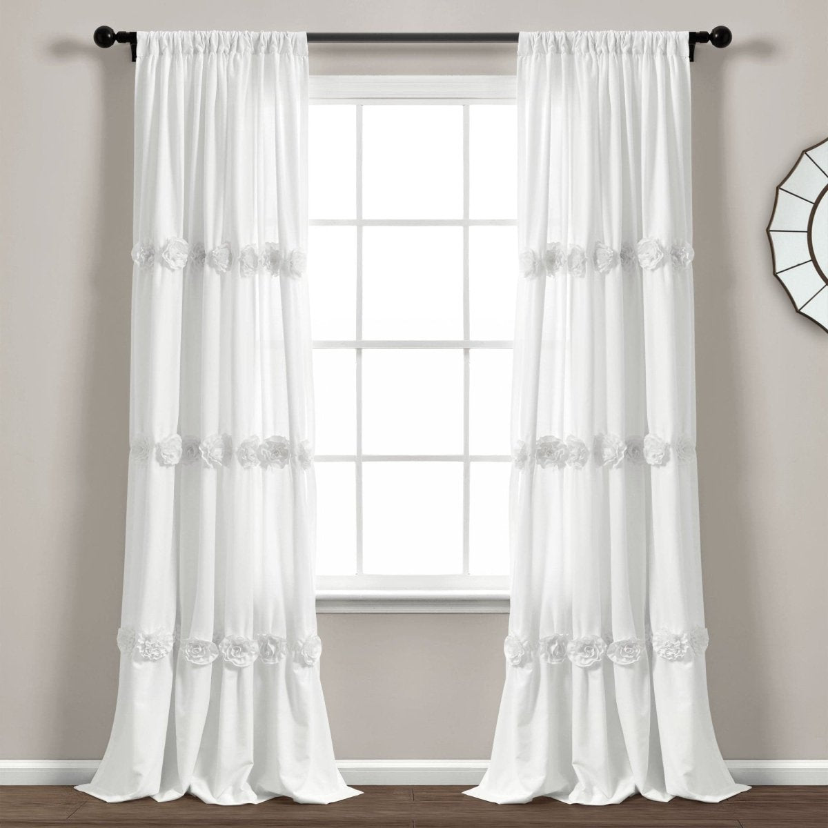 Darla Window Curtain in white with handcrafted flower embellishments, perfect for a romantic shabby chic look.