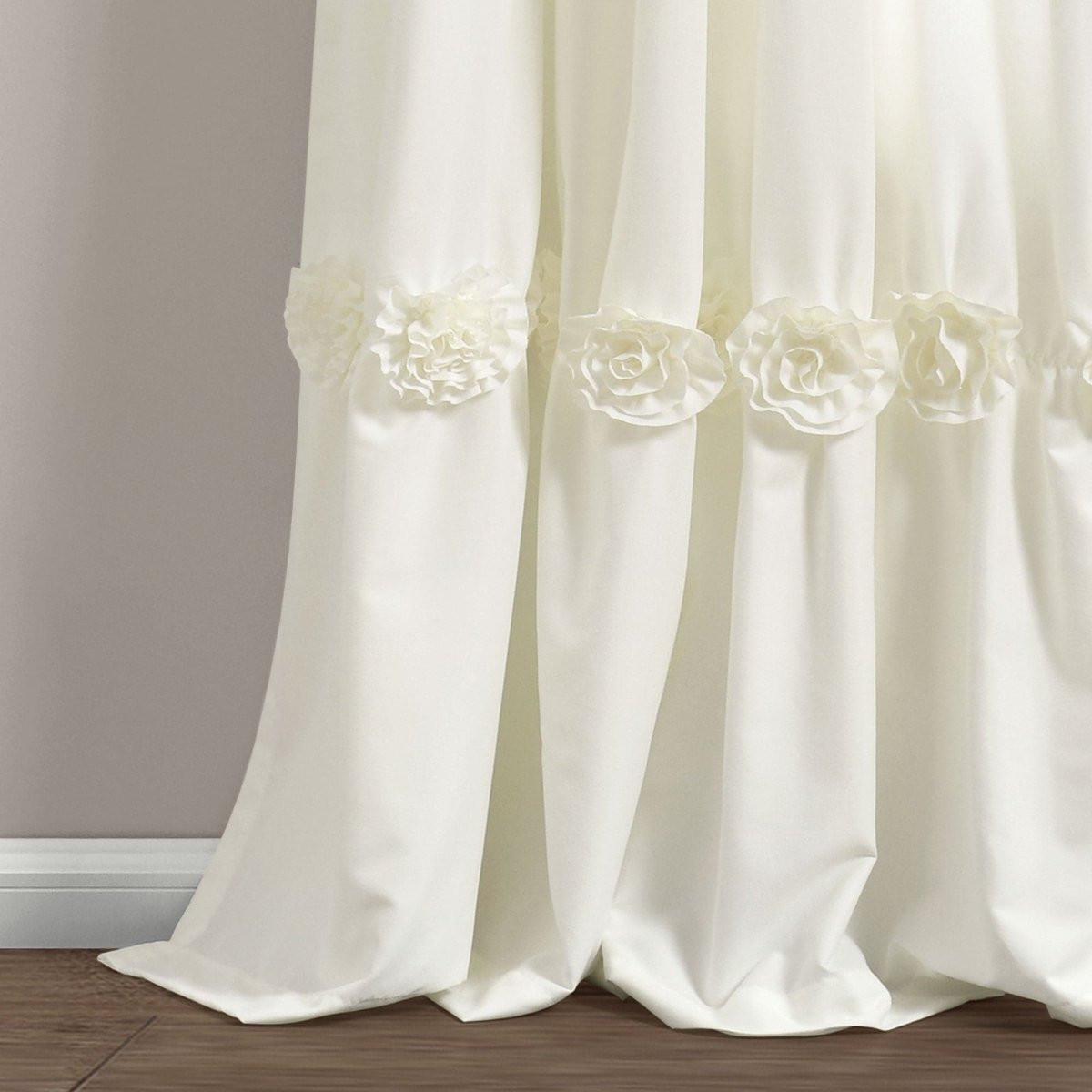 Darla Window Curtain featuring handcrafted flower embellishments in a light shade, adding elegance to your windows.