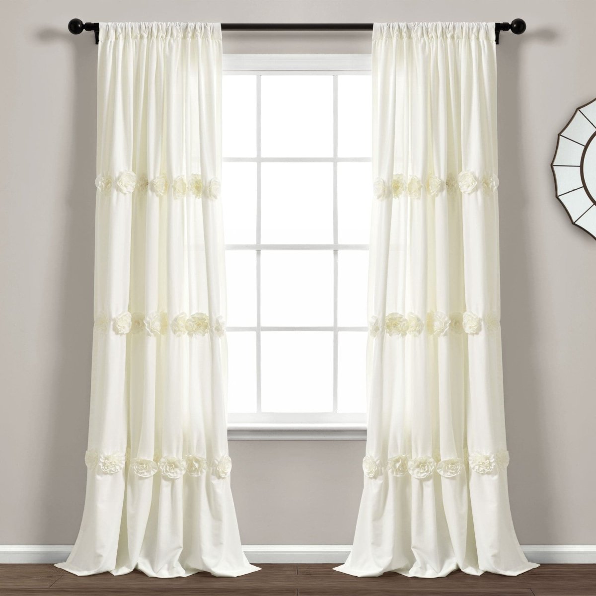 Darla Window Curtain featuring handcrafted flower embellishments, perfect for a shabby chic look and natural light.
