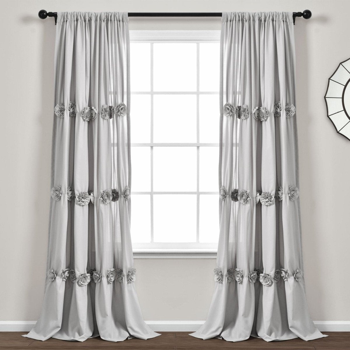Darla Window Curtain (Single Panel) with handcrafted flower embellishments, adding a romantic shabby chic look to your window.
