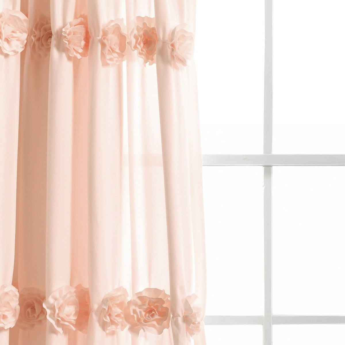 Darla Window Curtain featuring handcrafted flower embellishments, adding a romantic touch to windows.