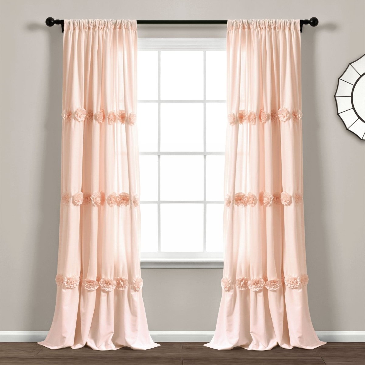 Darla Window Curtain featuring hand crafted flower embellishments, providing natural light and privacy in a shabby chic style.