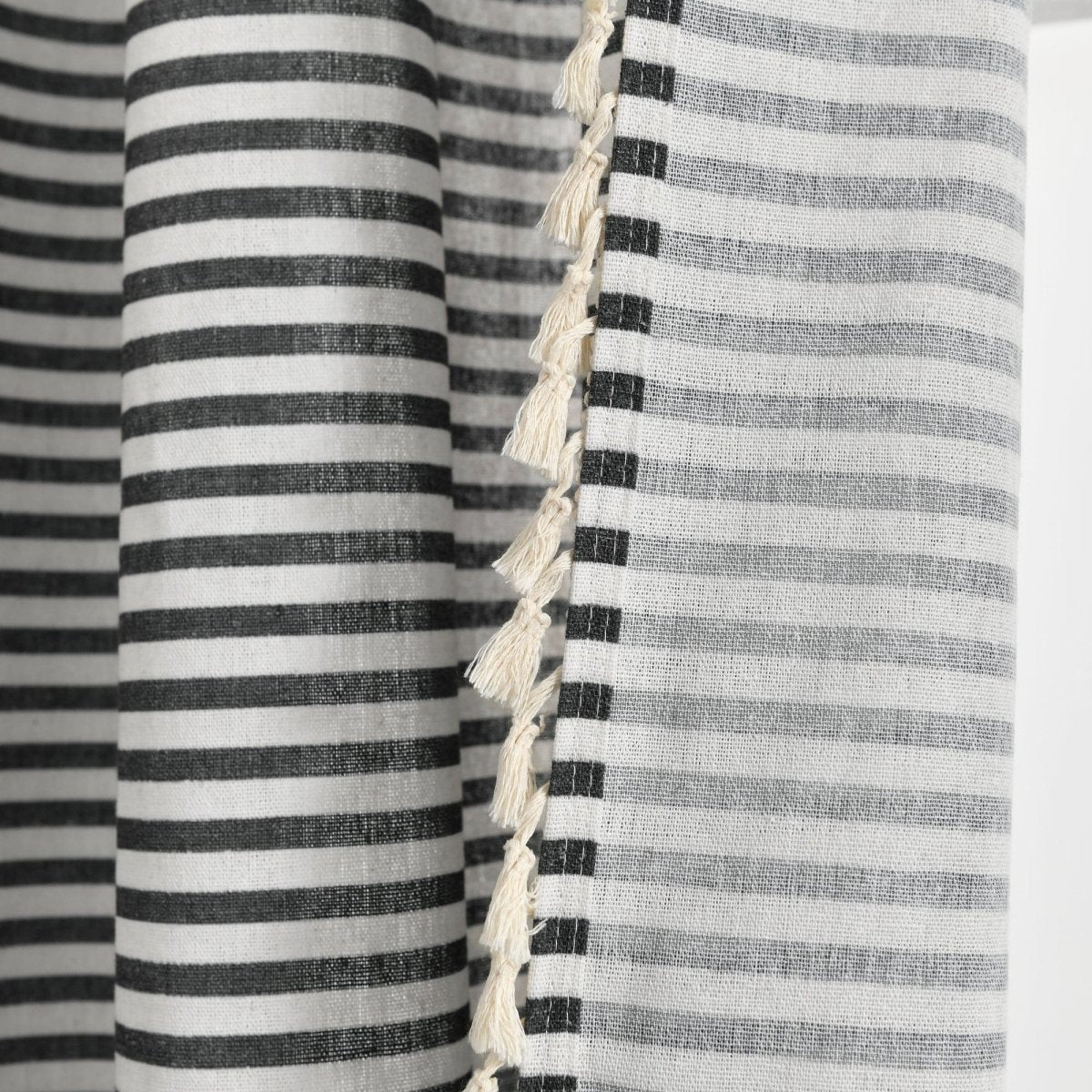 Boho Coastal Horizontal Ticking Stripe Tassel Window Curtain Panel Set