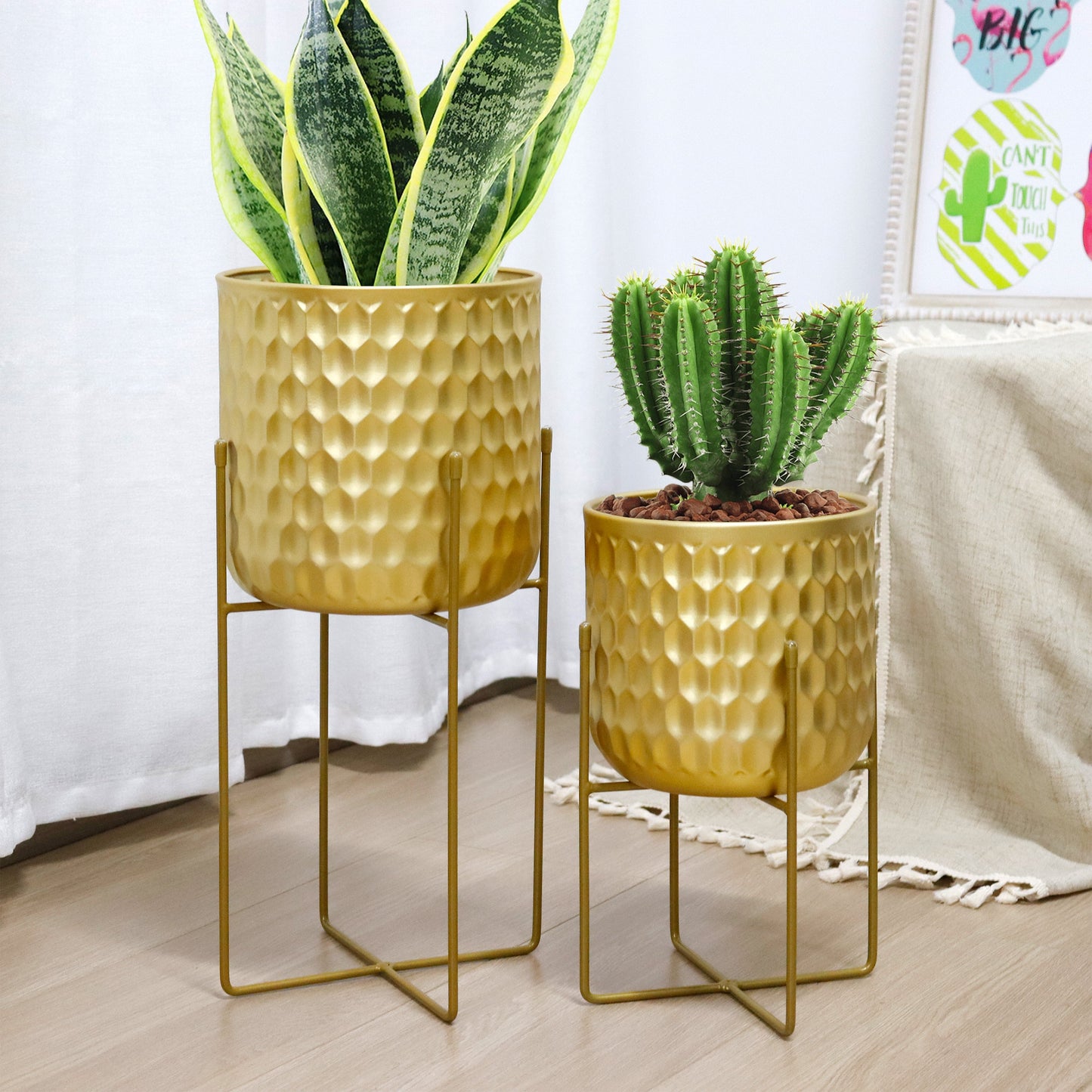 2 Set of 17&12 Inch Tall Planters With Stand Gold featuring modern design and greenery in stylish home decor.