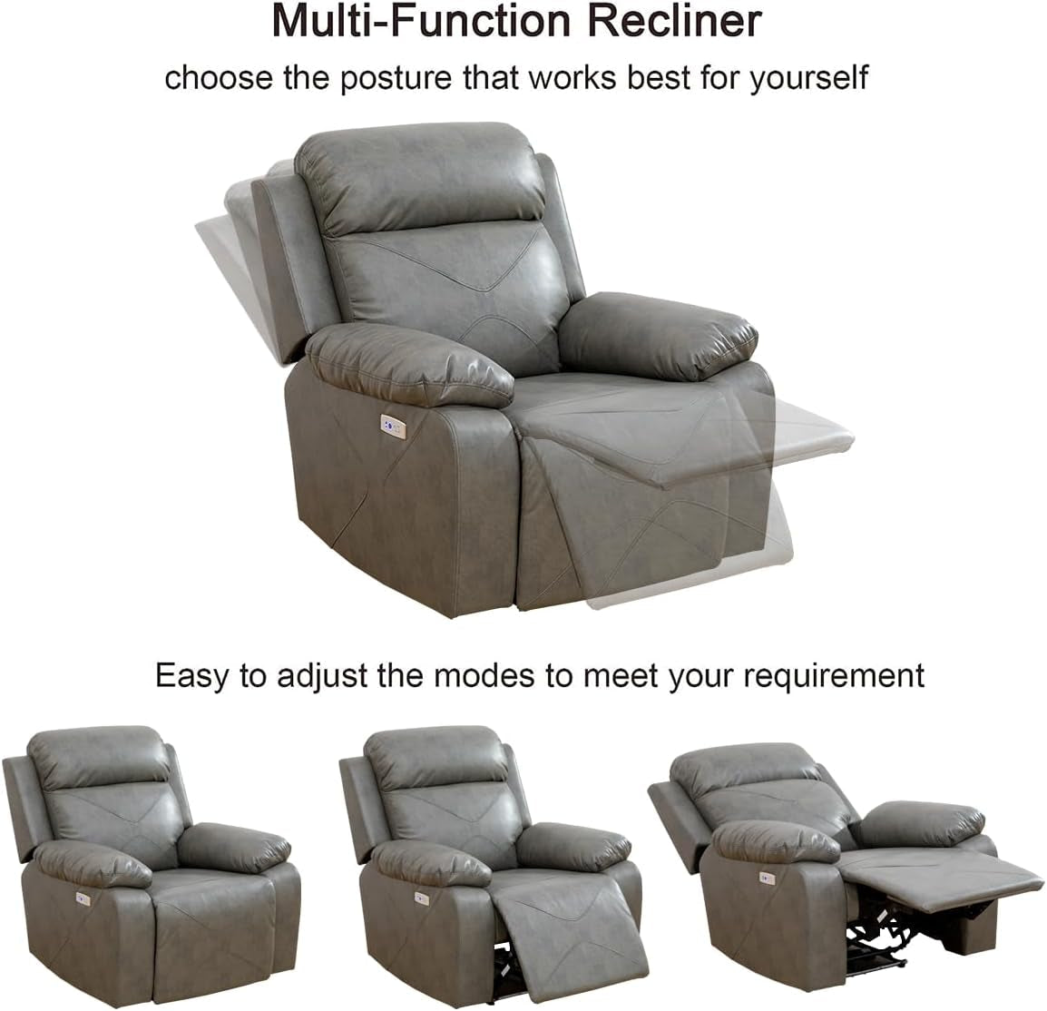 Power Recliner Sofa Set With LED Lights Grey Two Piece